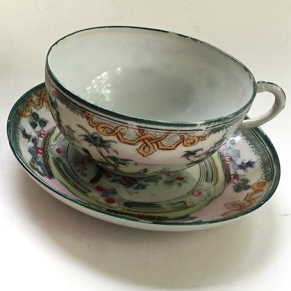 Antique Eggshell Thin Porcelain Hand-painted Geisha Japan 2 Cups with Saucers - Picture 5 of 16